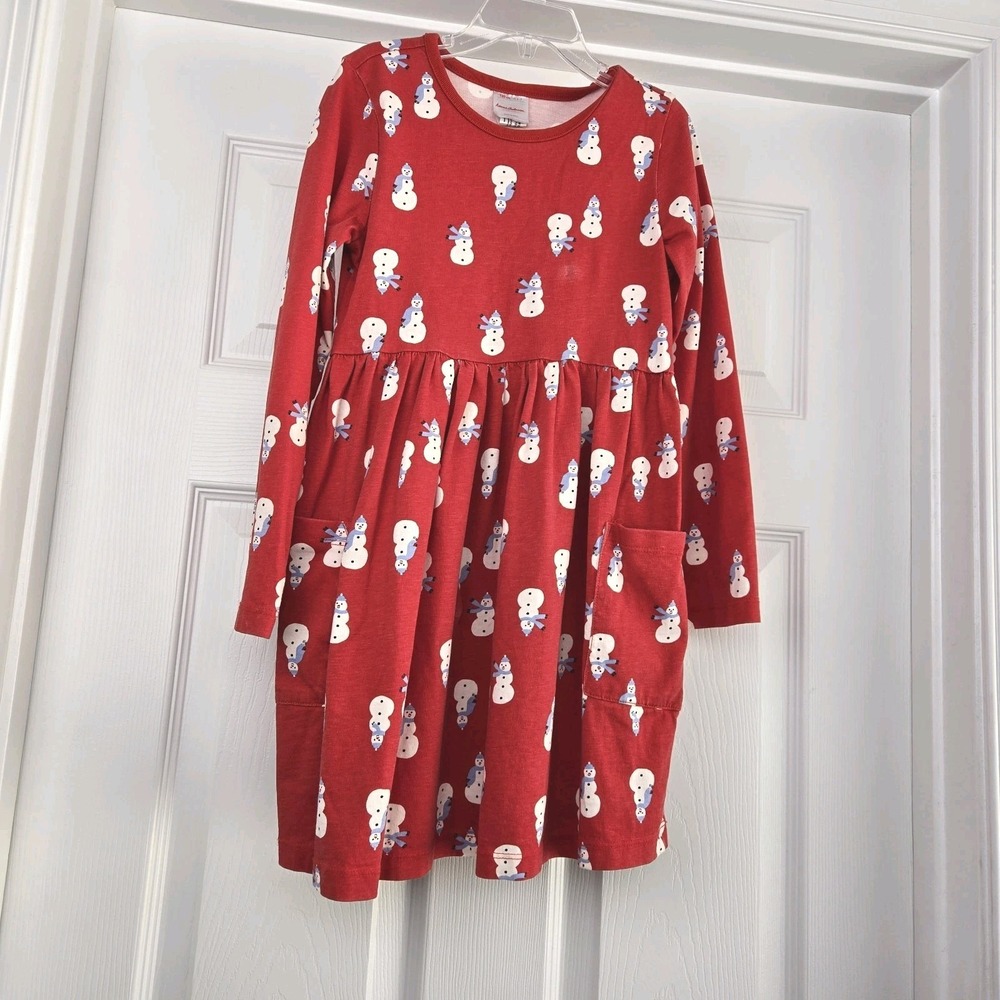 Hanna Andersson Red‎ Long Sleeve Playground Dress Size 6/7 120 Snowman Print